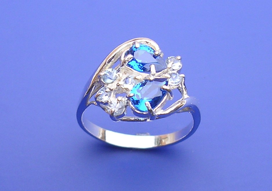 Carmen – prsten s akvamaríny a čirými zirkony, Materiál: Bílé zlato, ryzost 585/1000